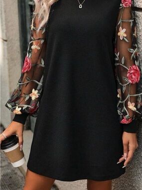 Black Midi Dress with Sheer Embroidered Floral Sleeves